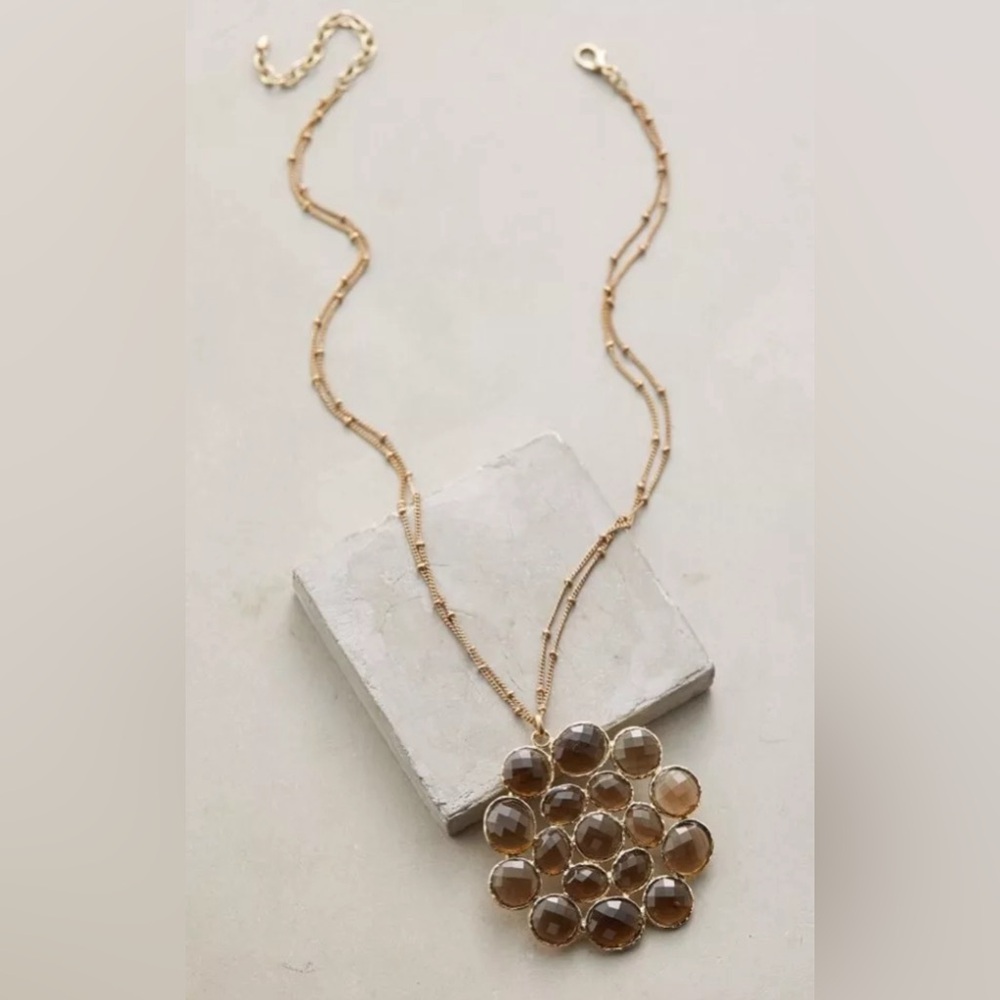 Anthropologie Brown Gold Stone Cluster Necklace Retro 70s Chain Circle Pendant - Picture 5 of 14